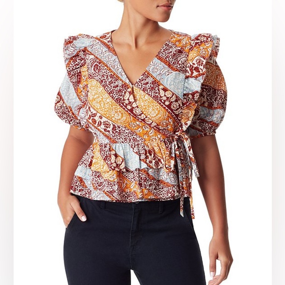 Sam Edelman Womens Rina V-Neck Ruffled Short Sleeve Peplum Blouse Medium…